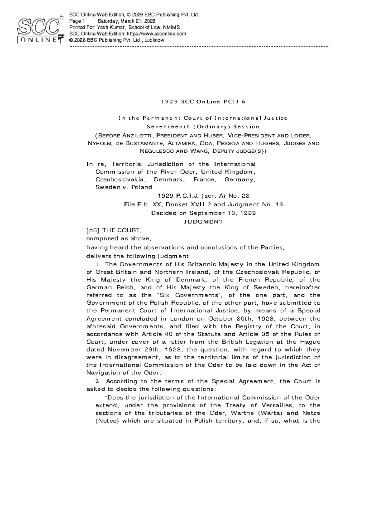 River ODER CASE - SCC Online Web Edition Analysis (LLKIII) - Studocu