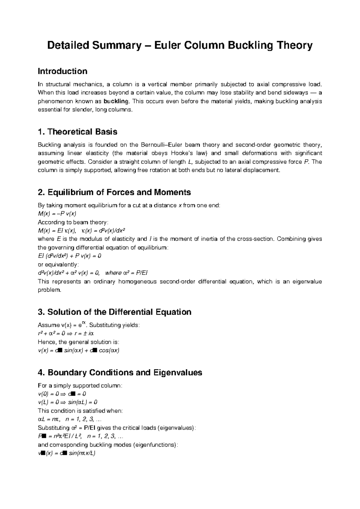 Euler Column Buckling Theory Summary (ENGR 101) - Studocu