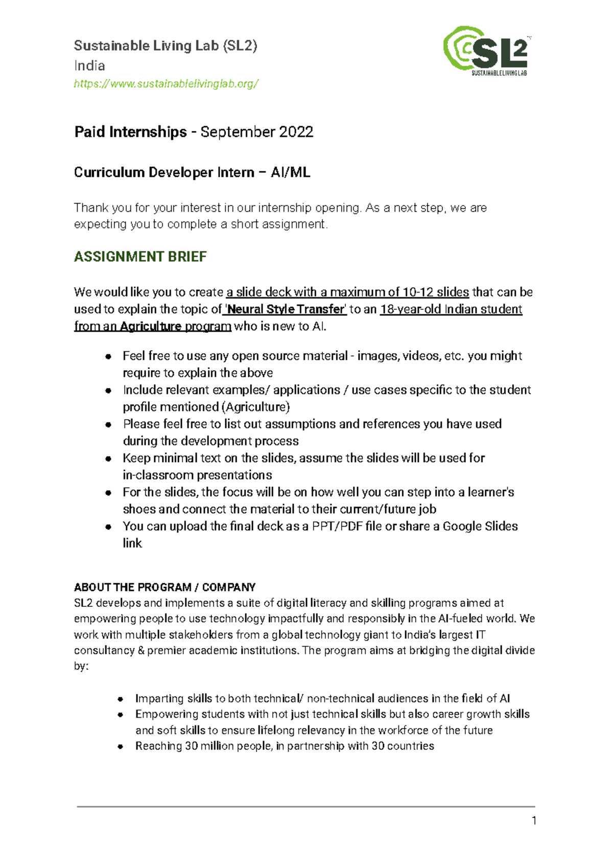 Assignment for internship - AI ML - Sustainable Living Lab (SL2) India ...