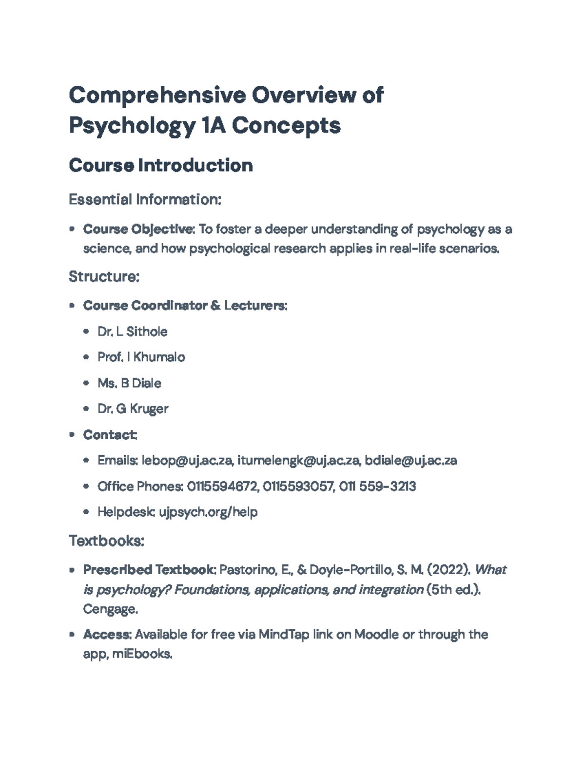 Psychology 1A Course Overview: Key Concepts and Assessments ...