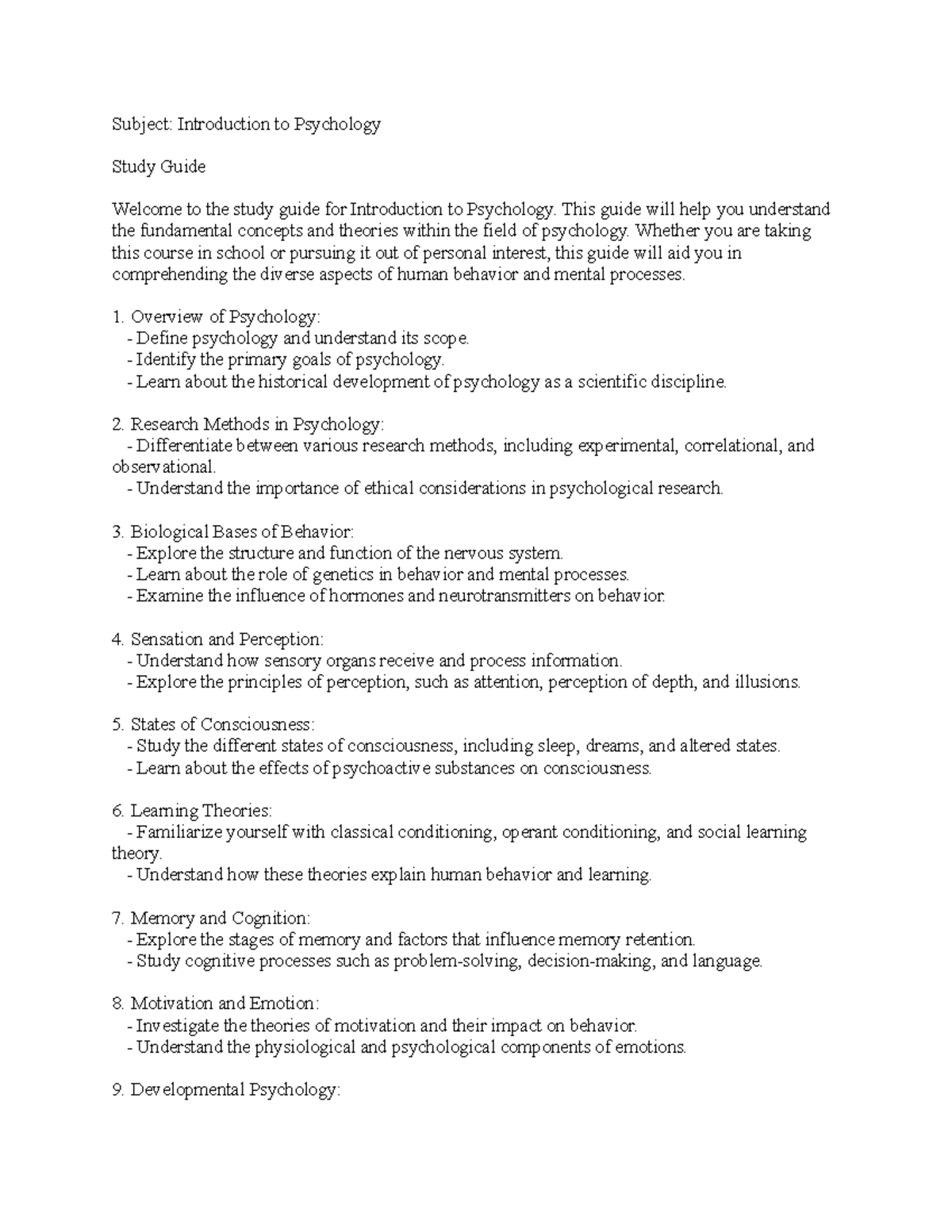 Study Guide for Intro to Psychology: Key Concepts & Theories - Studocu
