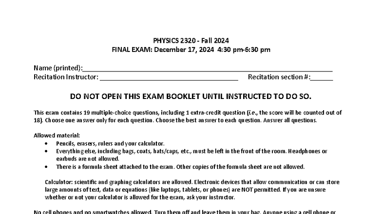 PHYSICS 2320 Fall 2024 FINAL EXAM INSTRUCTIONS & QUESTIONS - Studocu