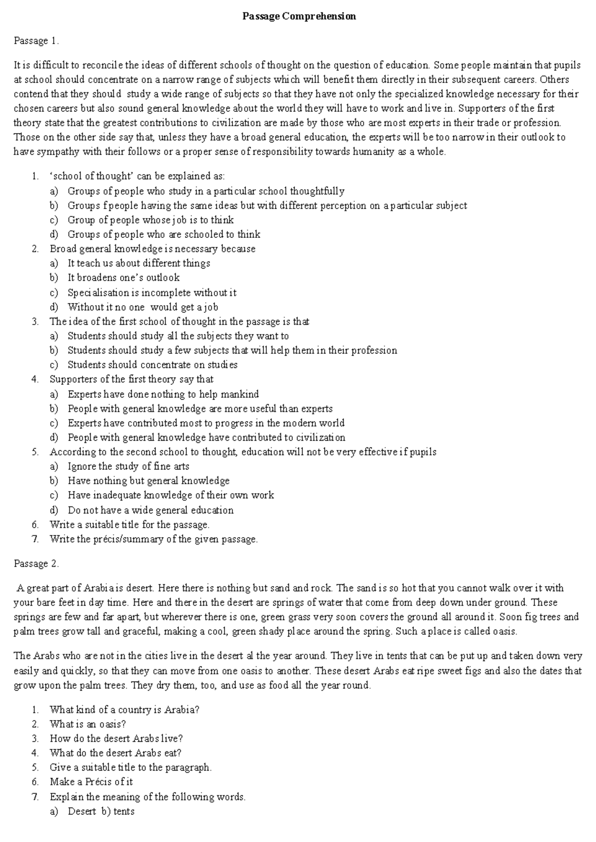 Comprehension Worksheet: Passage Analysis and Questions - Studocu