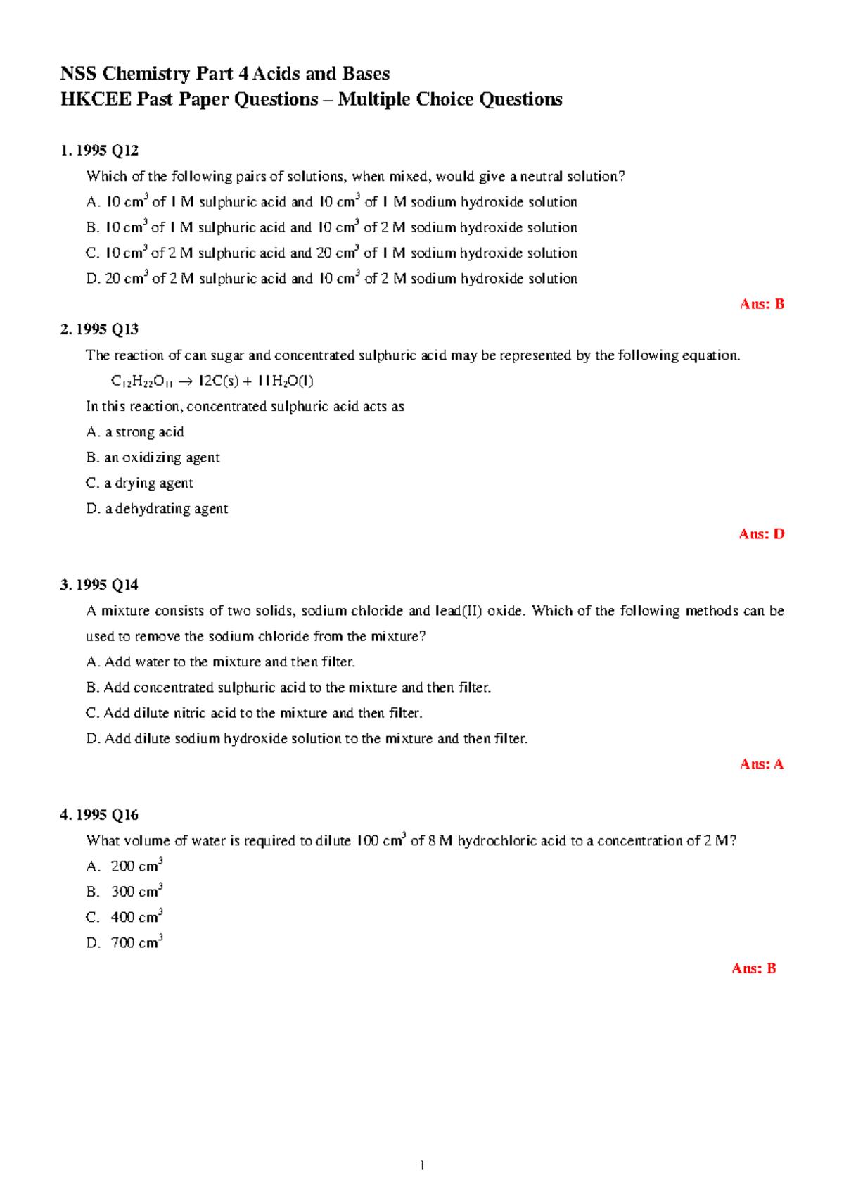 NSS Chemistry Part 4 Acids & Bases MCQ Past Paper Questions - Studocu