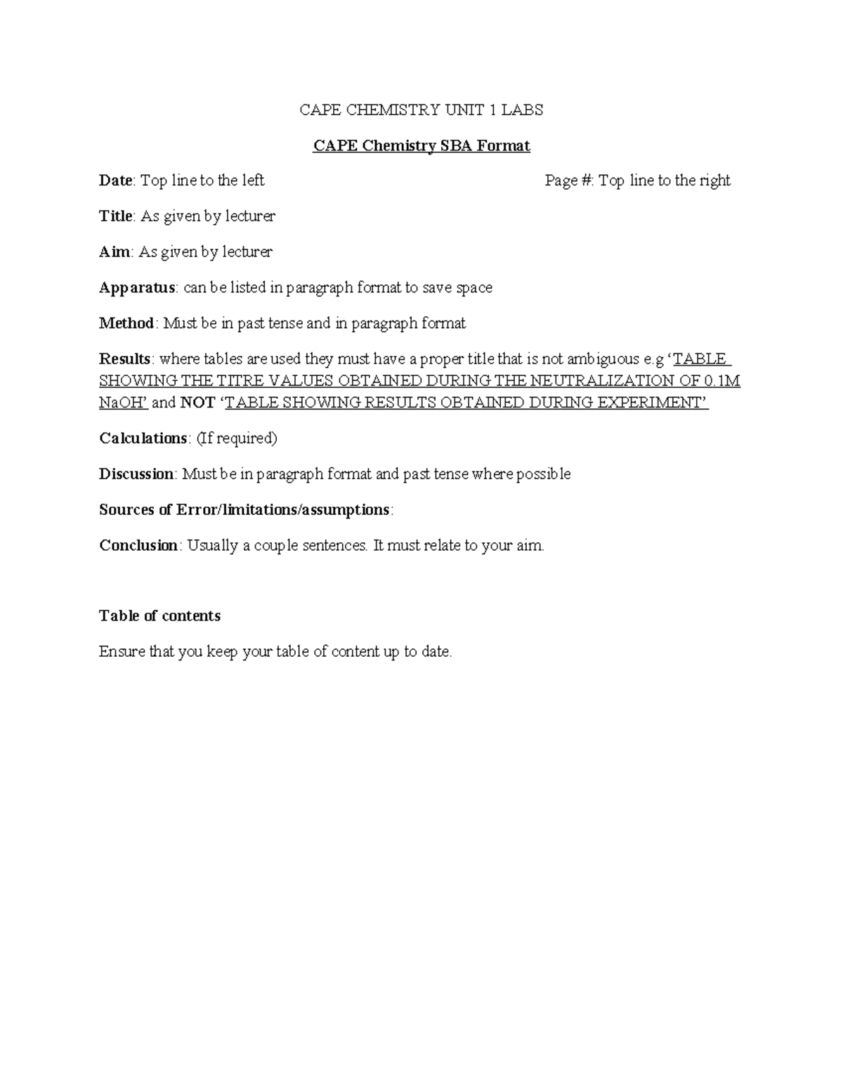 Unit 1 Labs - CAPE Chemistry SBA Format and Guidelines - Studocu