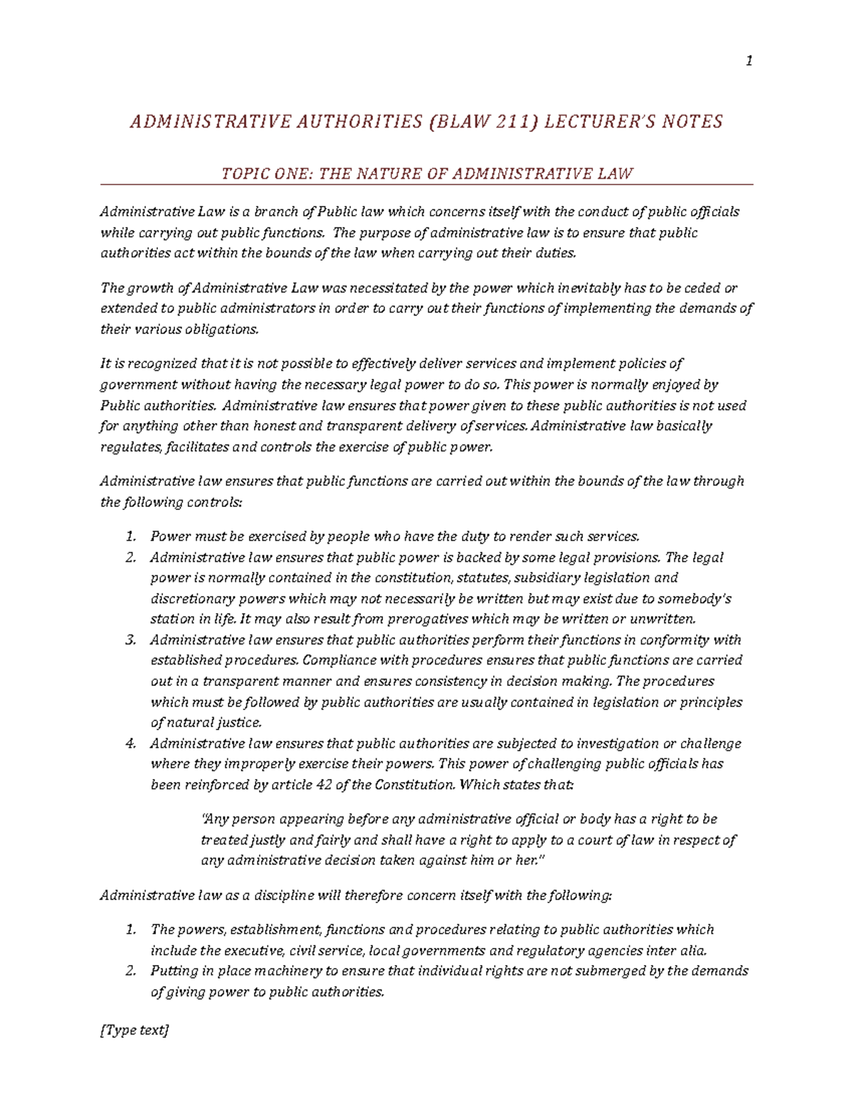 BLAW 211 Admin Law Lecture Notes: Key Concepts and Principles - Studocu