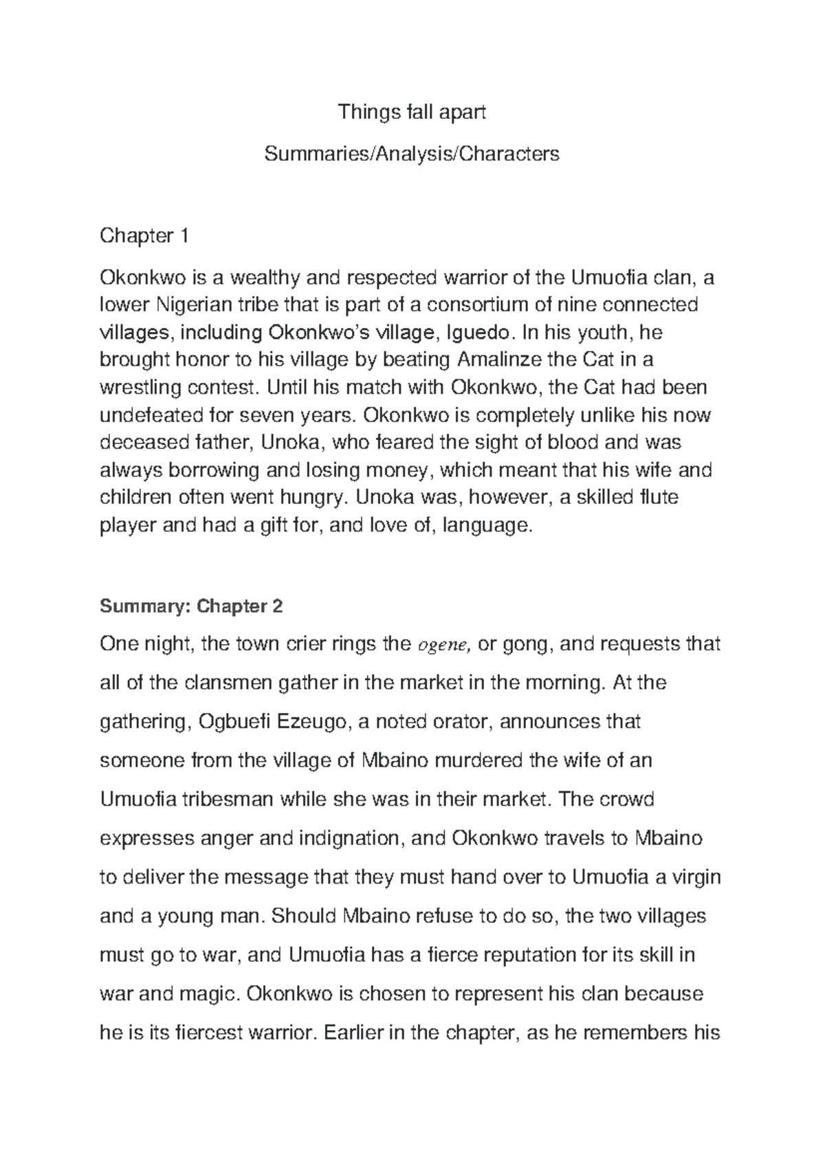 Things Fall Apart (ENG 101) Chapter Summaries and Analysis - Studocu