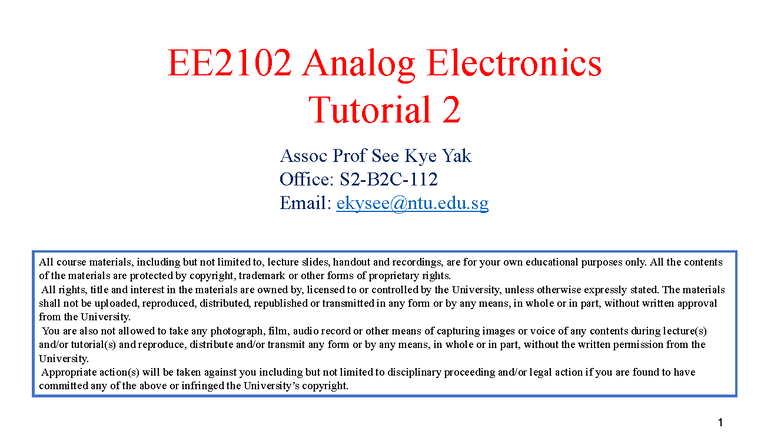 EE2102 Analog Electronics Tutorial 2 Solutions - Studocu
