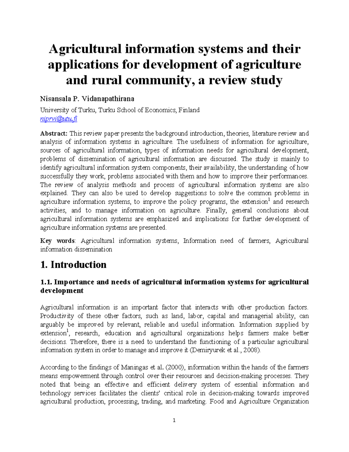 Review of Agricultural Information Systems for Development: A Study ...