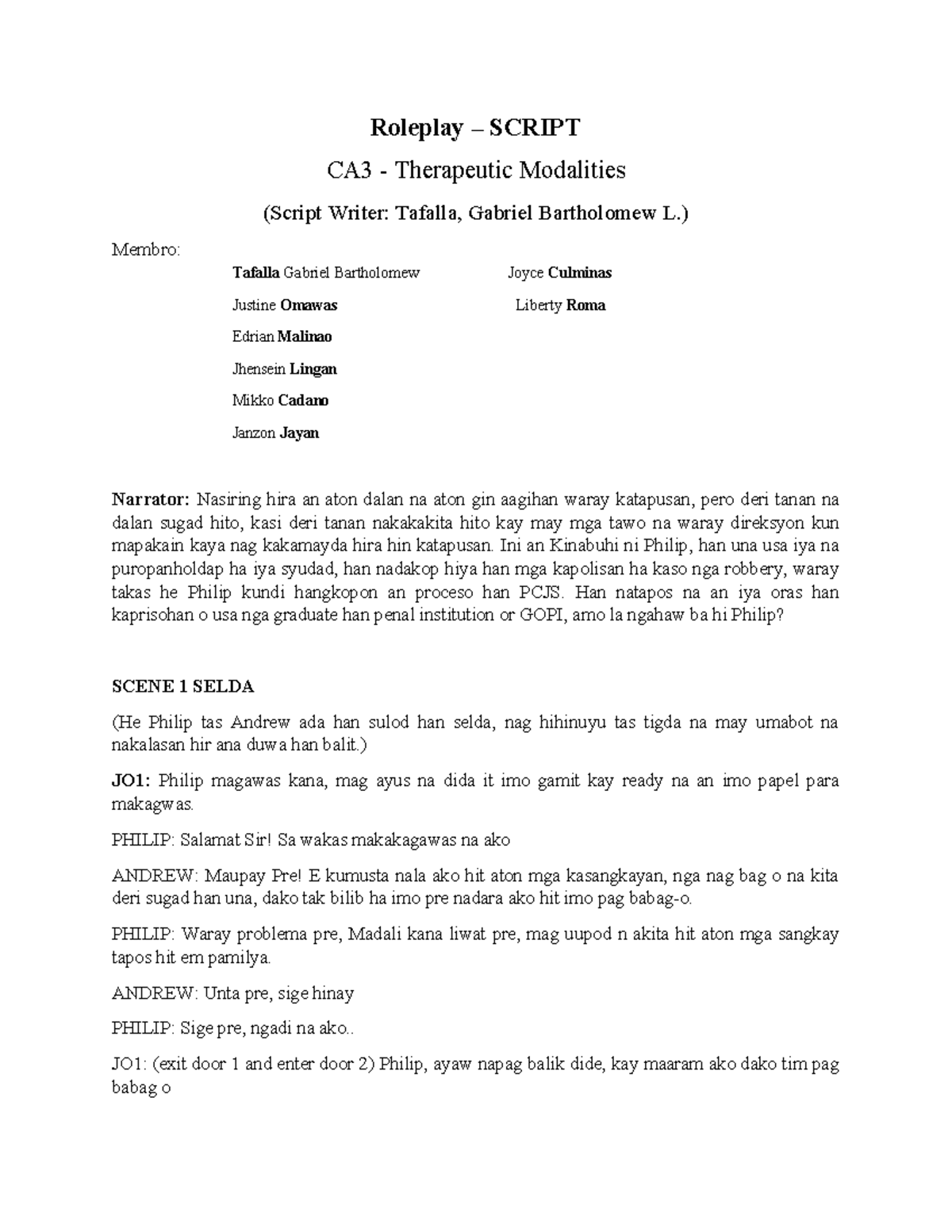 Roleplay SCRIPT CA3 - Therapeutic Modalities Exam - Studocu