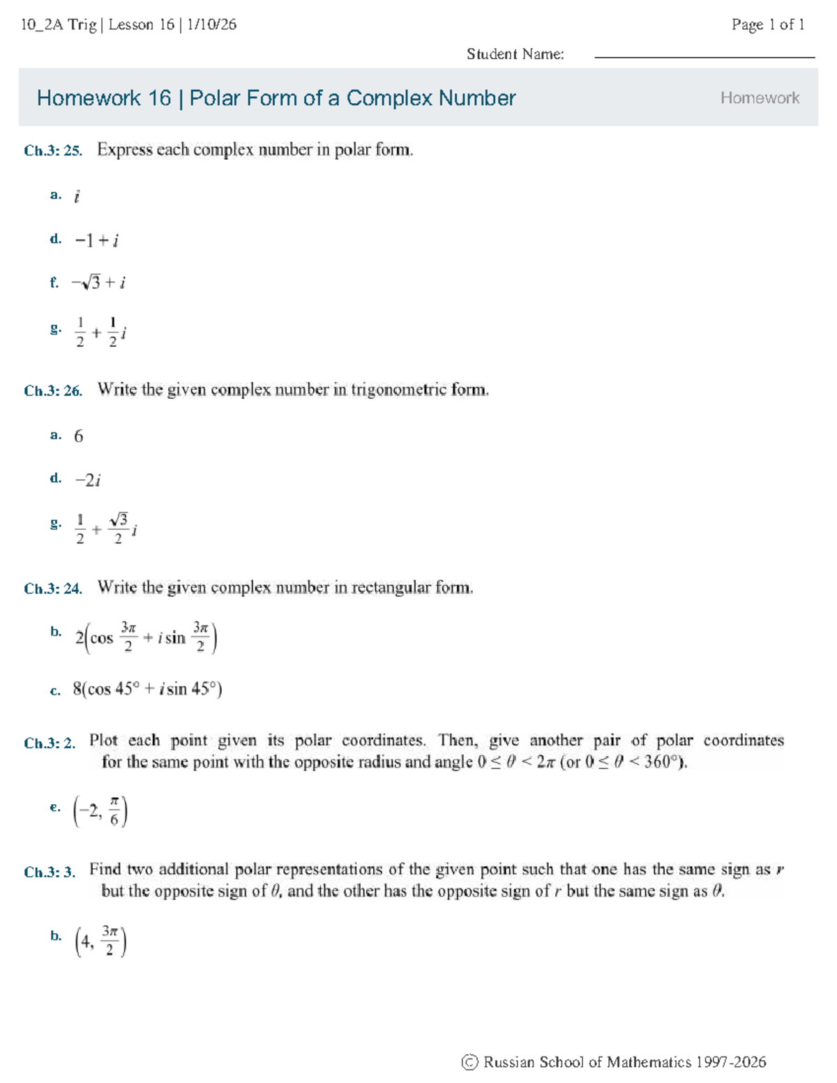 10 2A Trig Student Printout (16) - Managment - Homework 16 | Polar Form ...