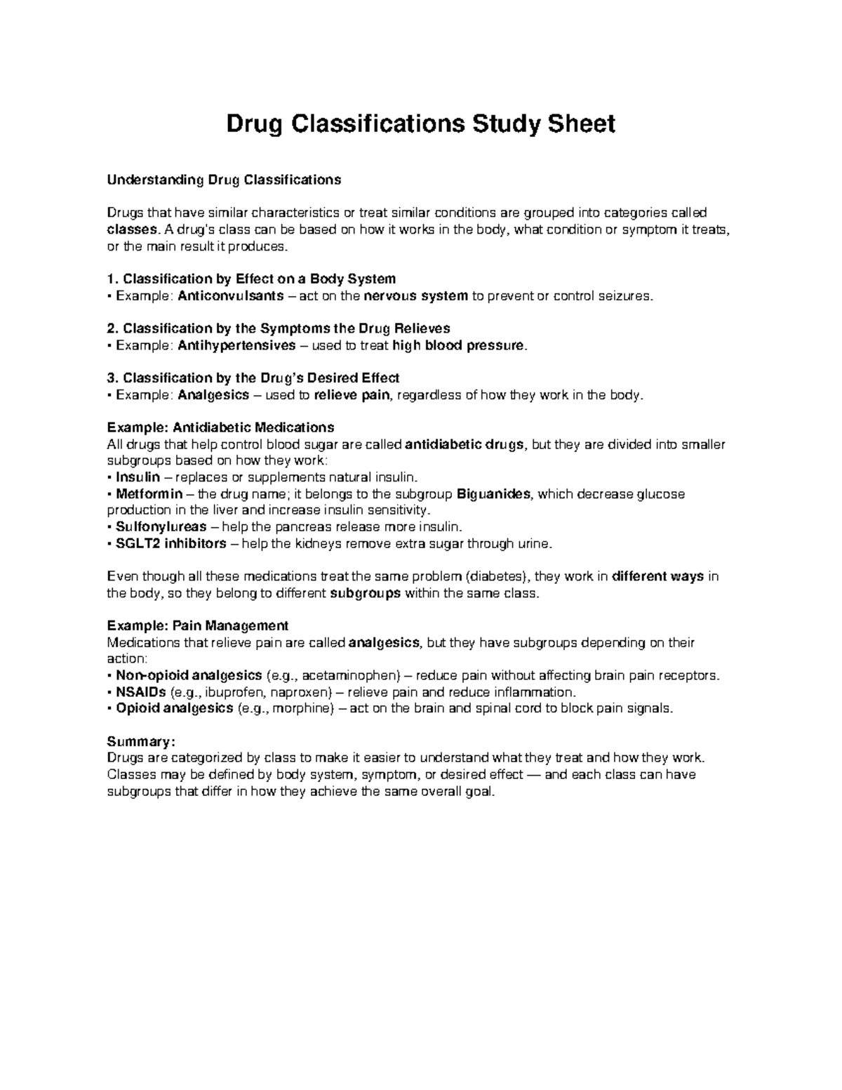 Drug Classifications Study Sheet: Understanding Drug Categories - Studocu