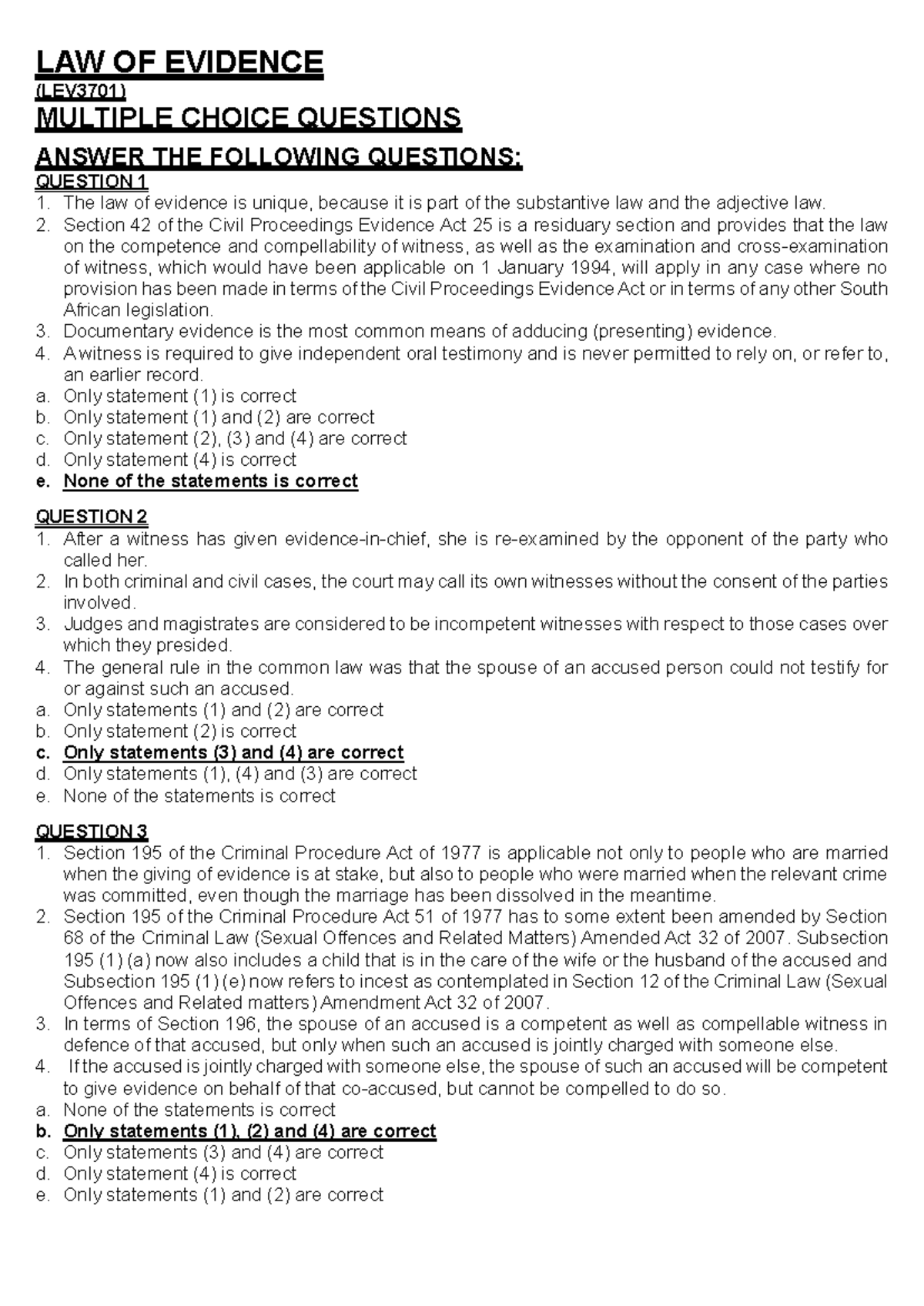 LAW OF EVIDENCE (LEV3701) MULTIPLE CHOICE QUESTIONS NOTES 2024 - Studocu