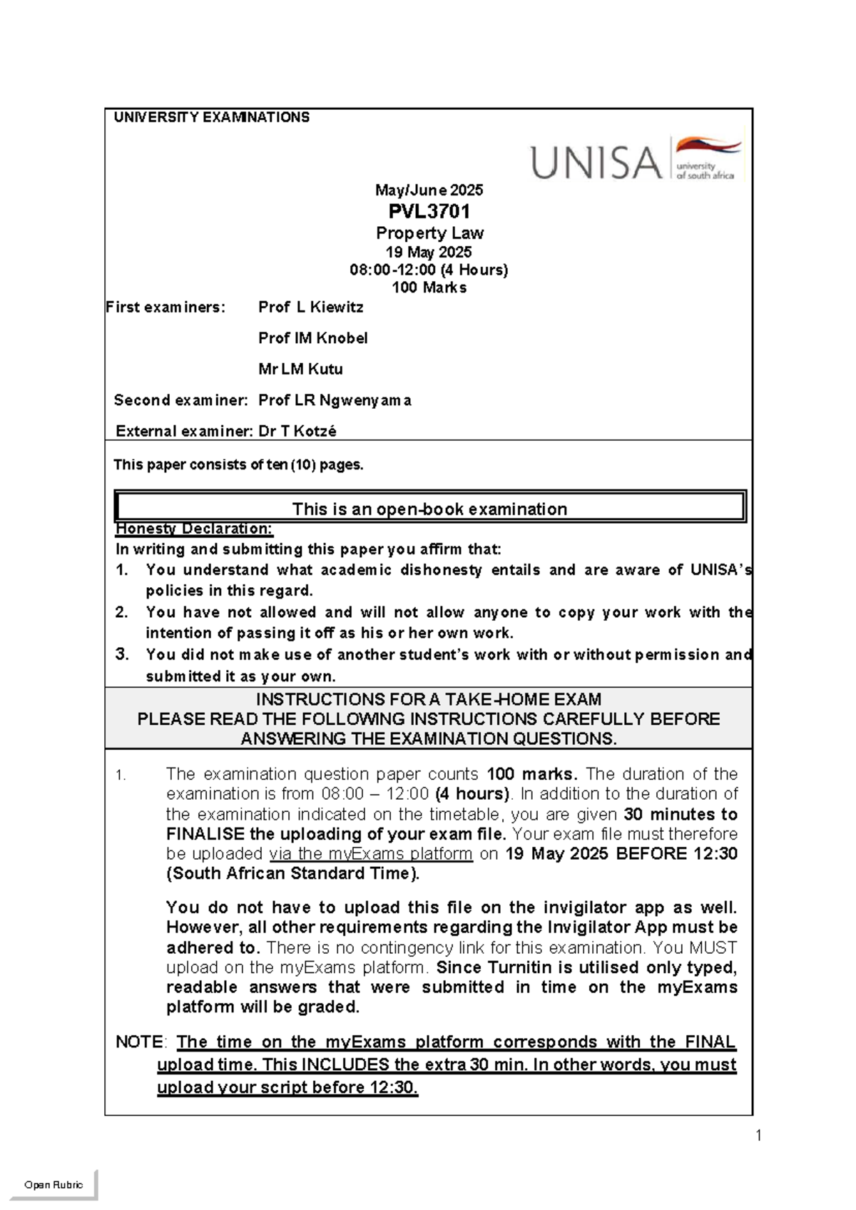 PVL3701 Property Law Final Exam Guidelines and Instructions - May 2025 ...