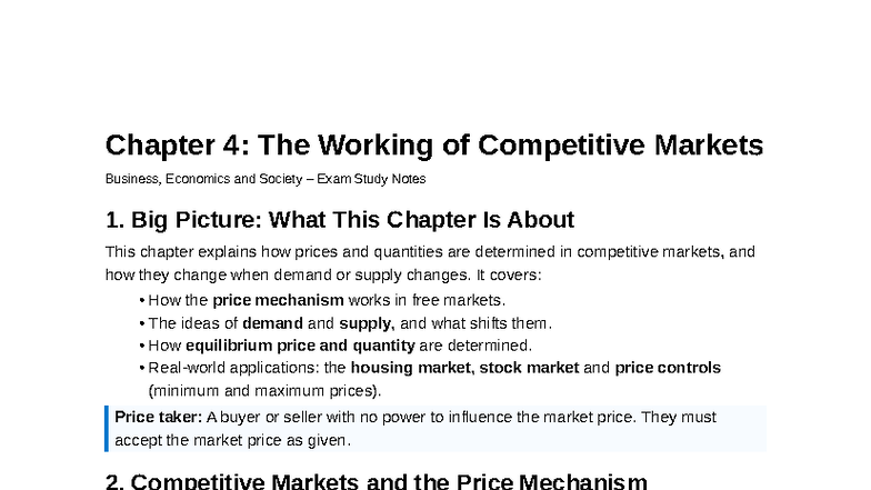 Chapter 4: Competitive Markets Exam Study Notes (Business, Economics ...