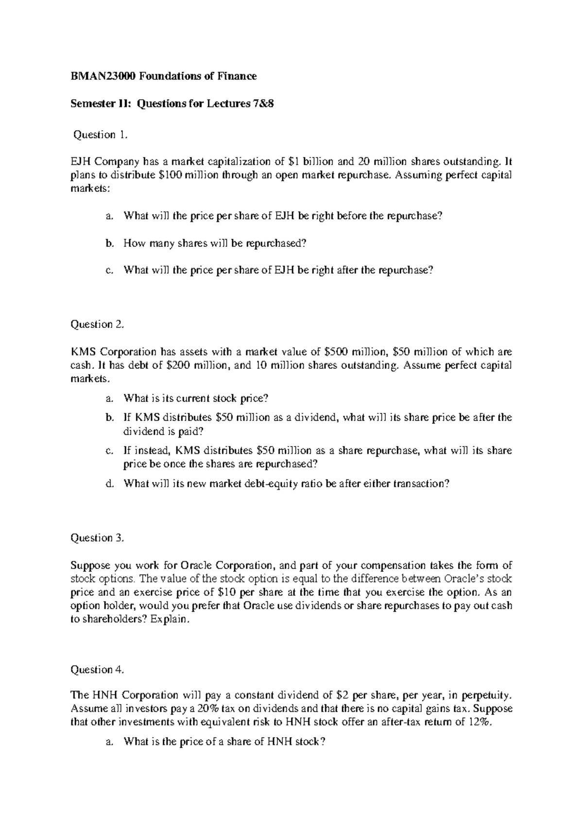 Foundations of Finance Semester II: Lecture Questions & Problem Set 04 ...