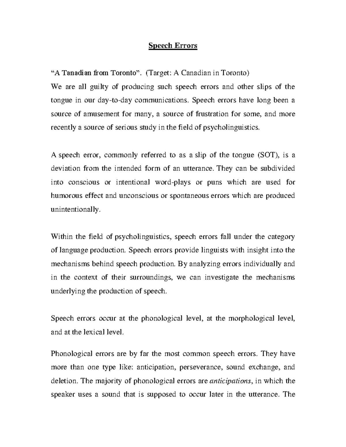 Handout Speech Errors - Nothing - Speech Errors “A Tanadian from ...