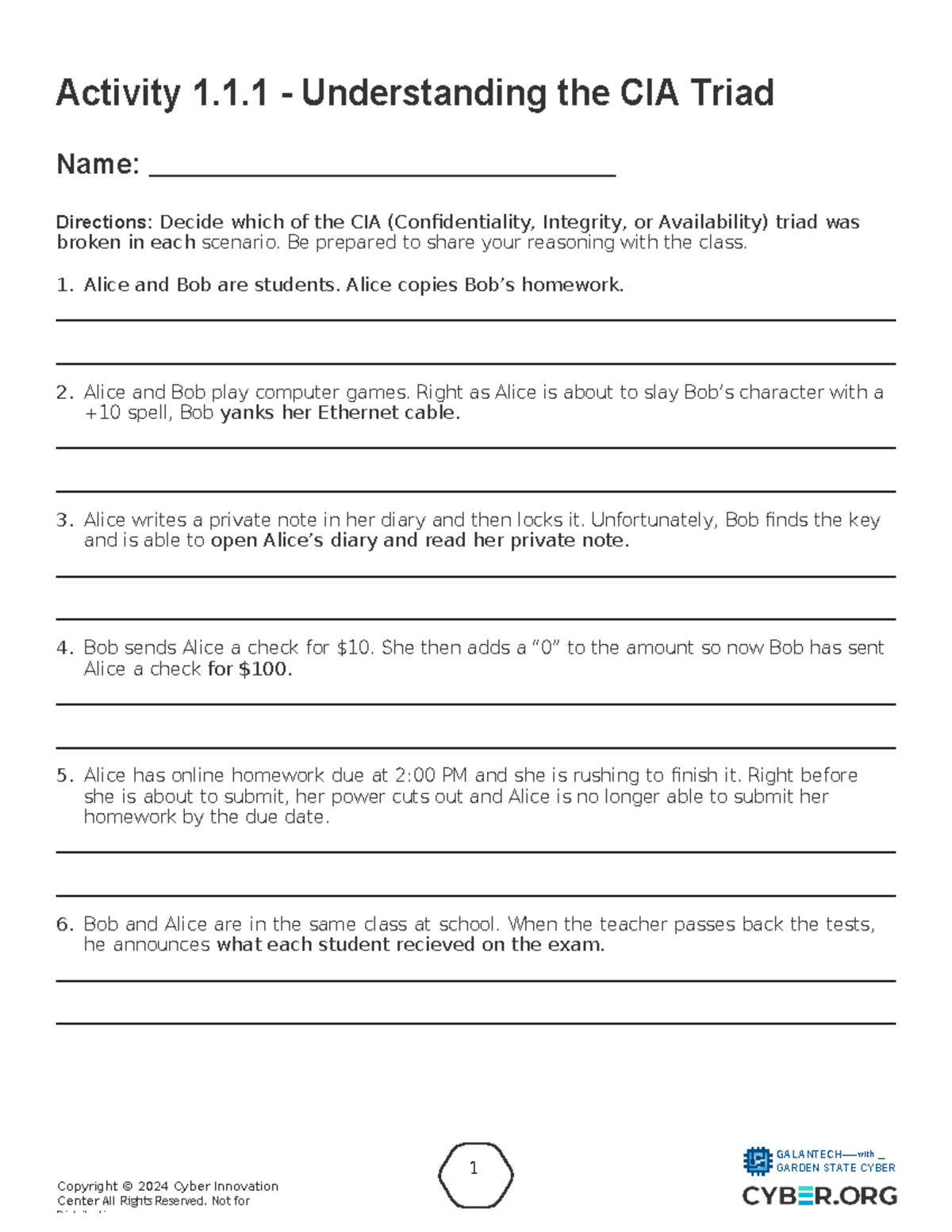 Activity 1.1 - CIA Triad Scenarios Worksheet for Cyber Security Course ...