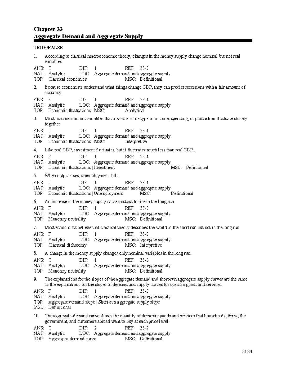 Chapter 33 - Aggregate Demand & Supply: Key Concepts and Analyses - Studocu