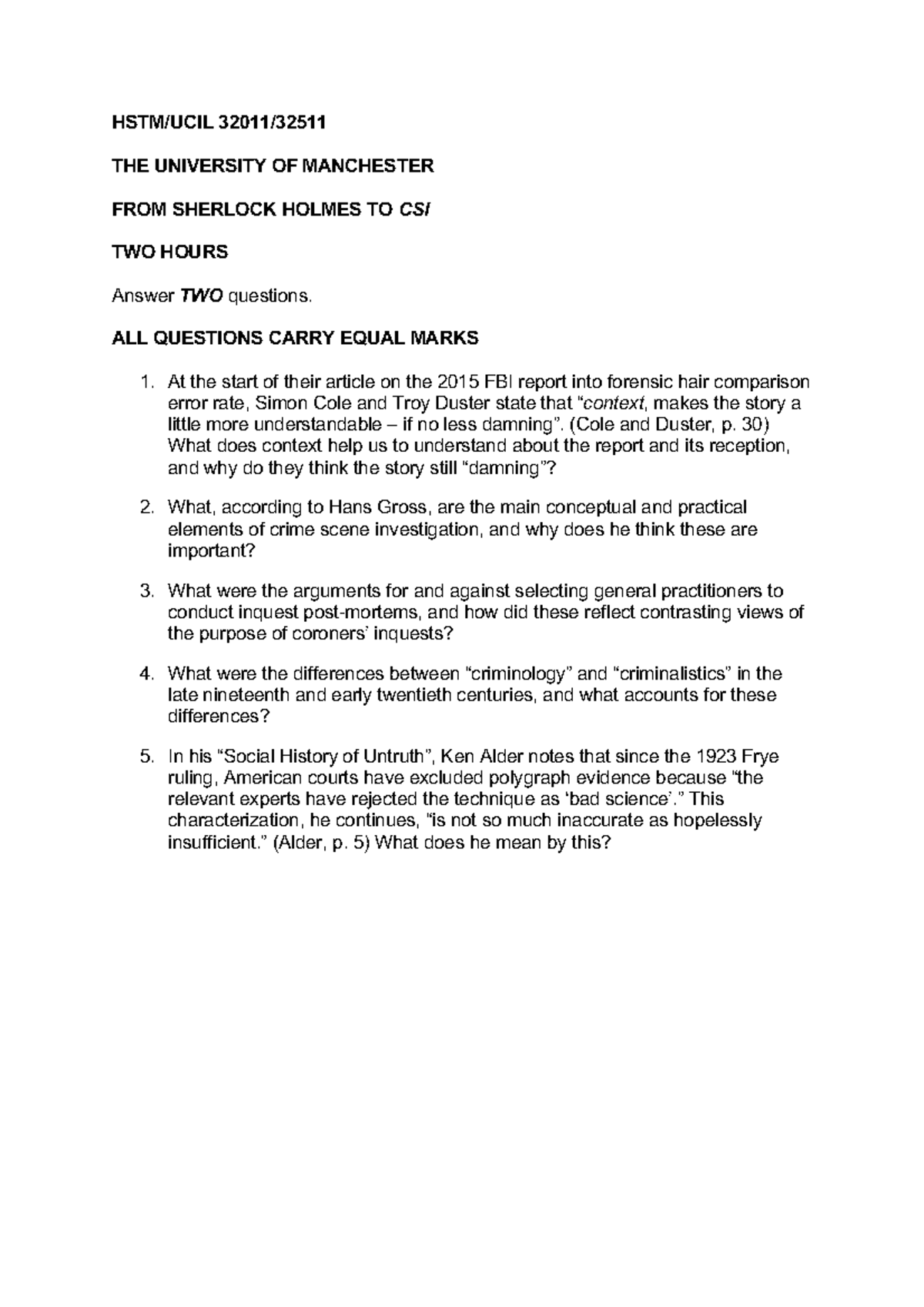 Sherlock Holmes to CSI: Forensic Insights - PAST Paper Exam Questions ...