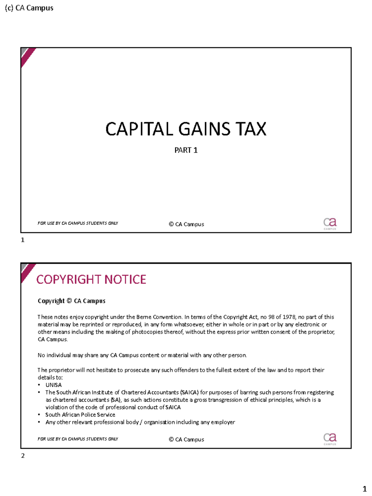 CGT - Capital Gains Tax Notes Part 1 for CA Campus Students - Studocu