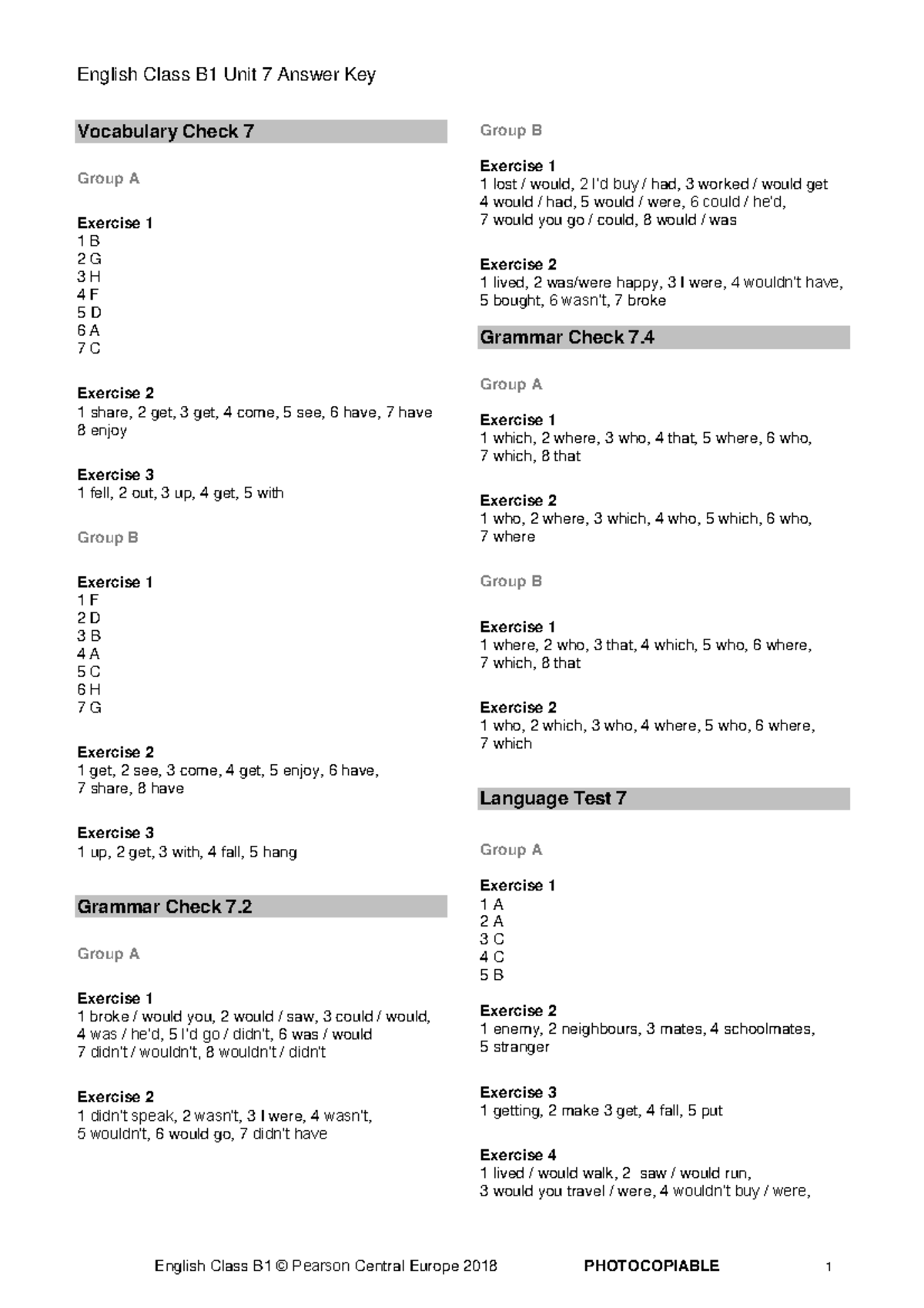 English Class B1 Unit 7 Answer Key - Vocabulary & Grammar Exercises ...