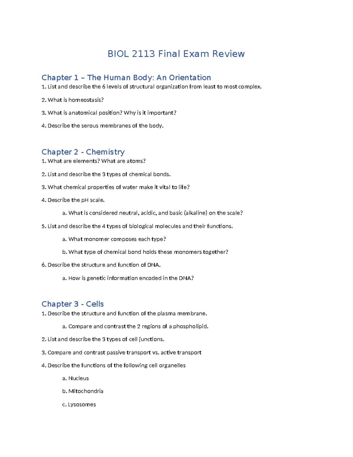 BIOL 2113 Comprehensive Final Exam Review Guide - Studocu