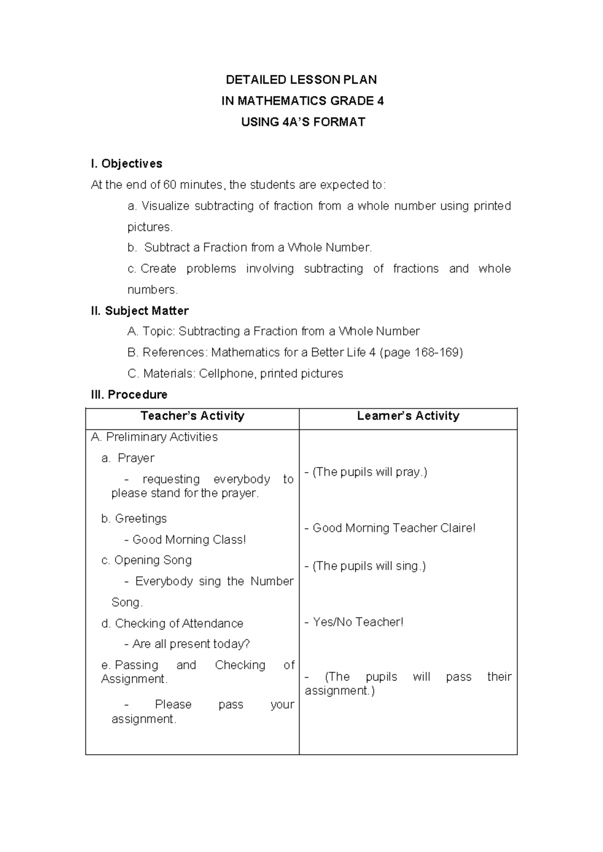 Mathematics Grade 4: Detailed Lesson Plan on Subtracting Fractions ...