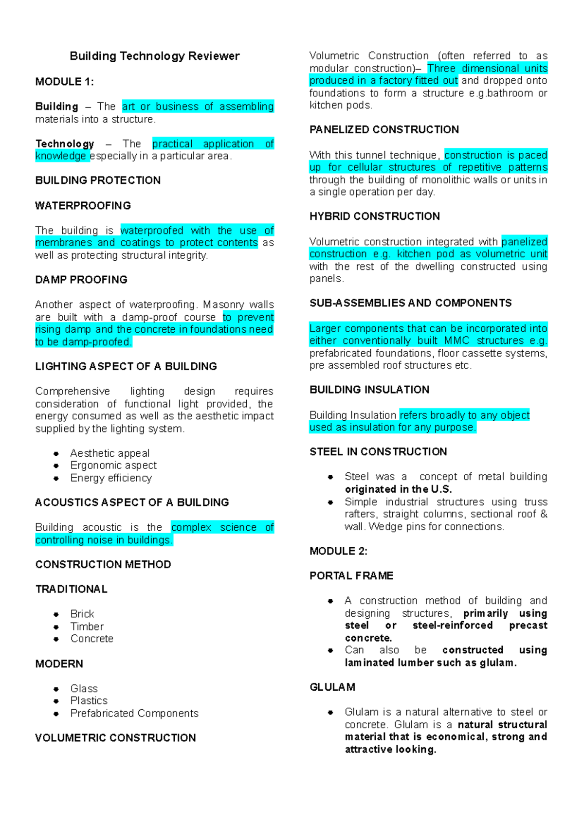 Building Technology Reviewer: Key Concepts & Methods (MODULE 1-5) - Studocu