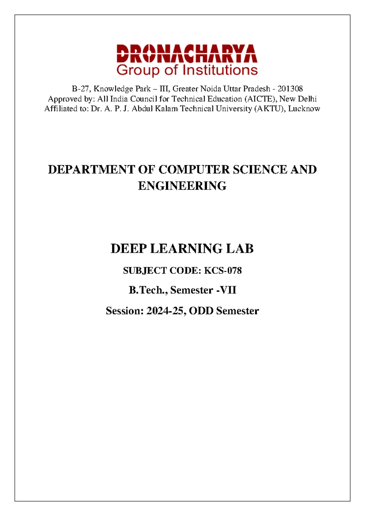 Deep Learning Lab Manual - B.Tech. KCS078 ODD Semester - Studocu