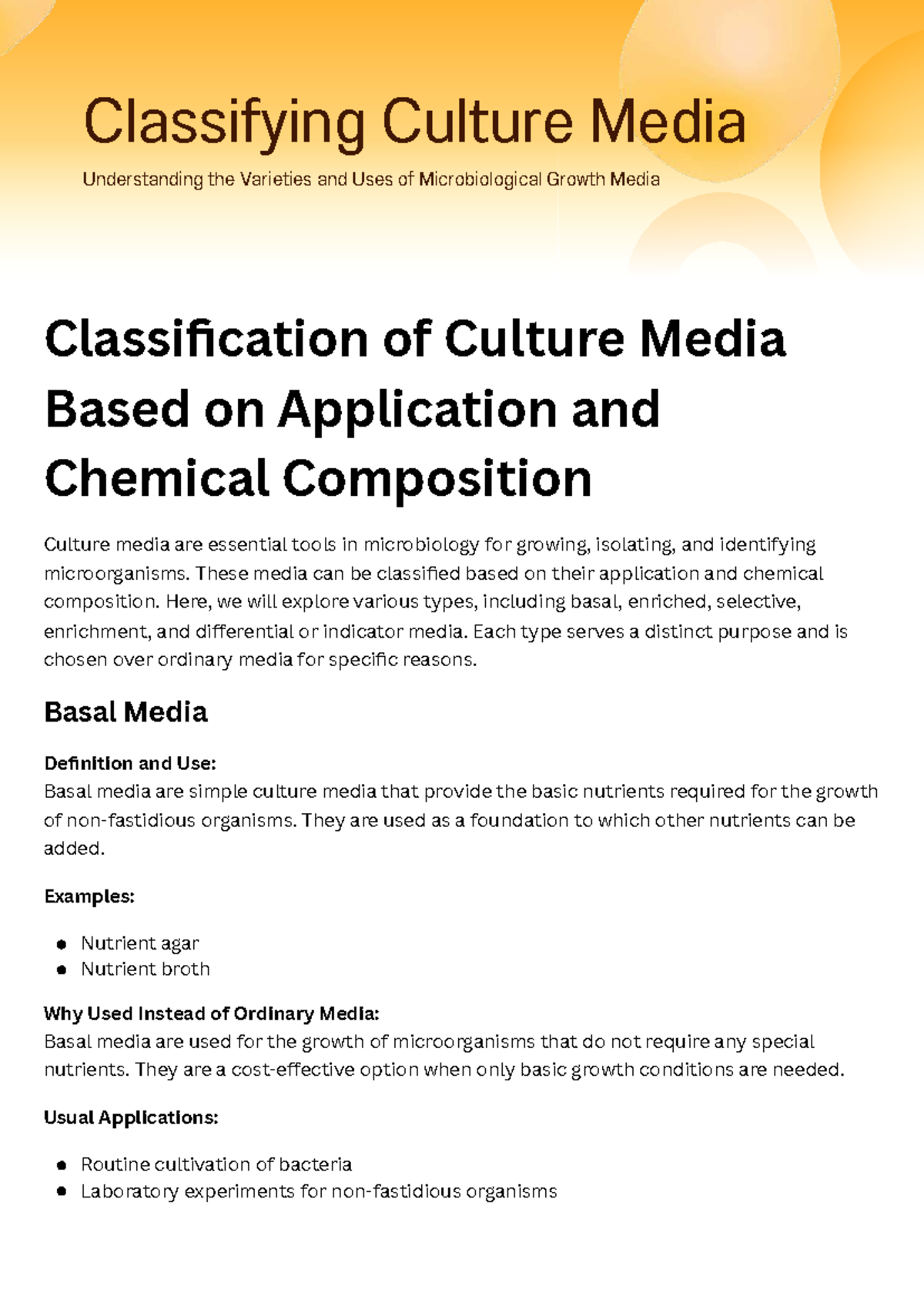 Microbiology 101: Classification of Culture Media and Their Uses - Studocu
