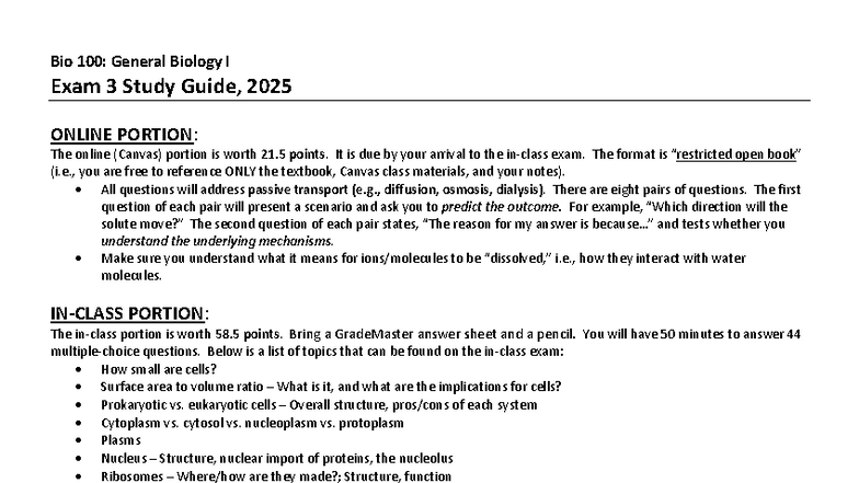Bio 100: General Biology I Exam 3 Study Guide (2025) - Studocu