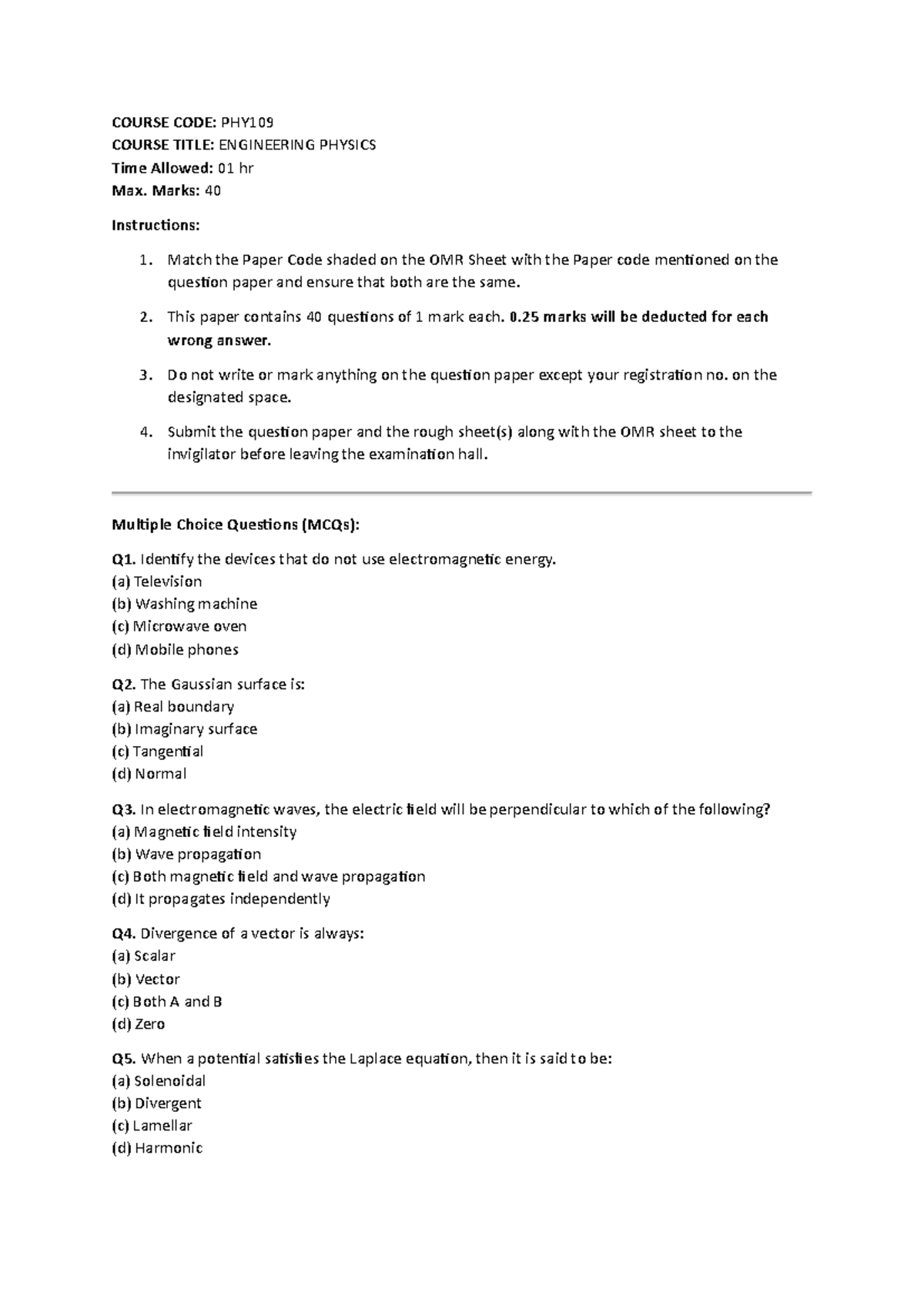 PHY109 Engineering Physics Midterm Exam Paper - Studocu