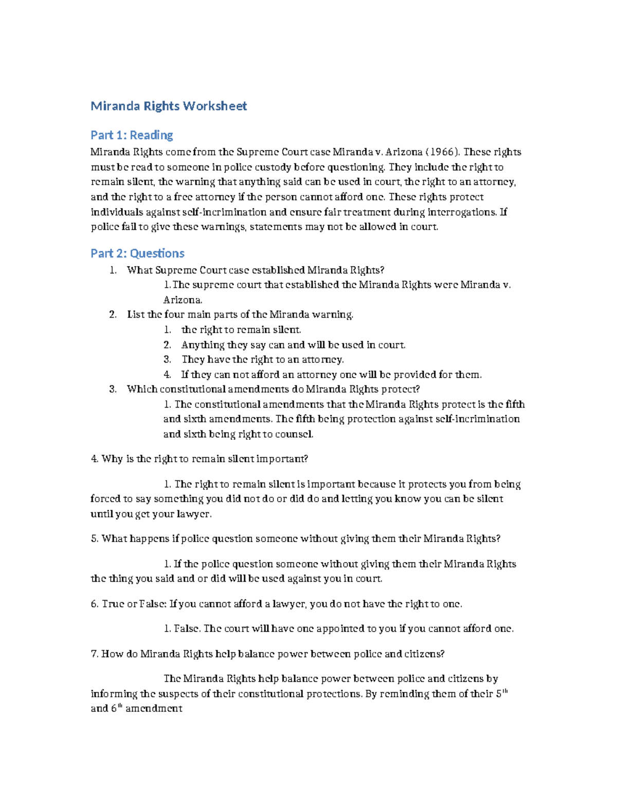 Miranda Rights Worksheet: Understanding Your Legal Protections - Studocu