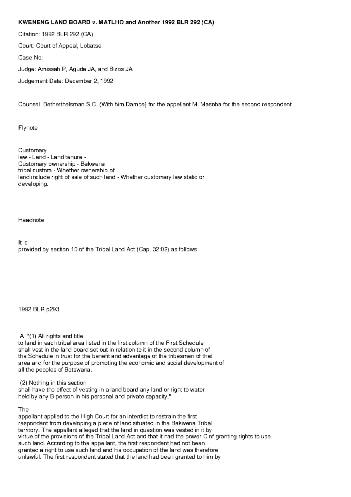 Kweneng Land Board - Case Study on Customary Land Ownership Law - Studocu