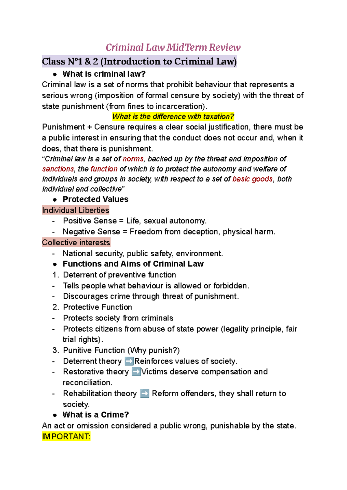 Criminal Law MidTerm Review (Classes 1-15) - Key Concepts and Theories ...
