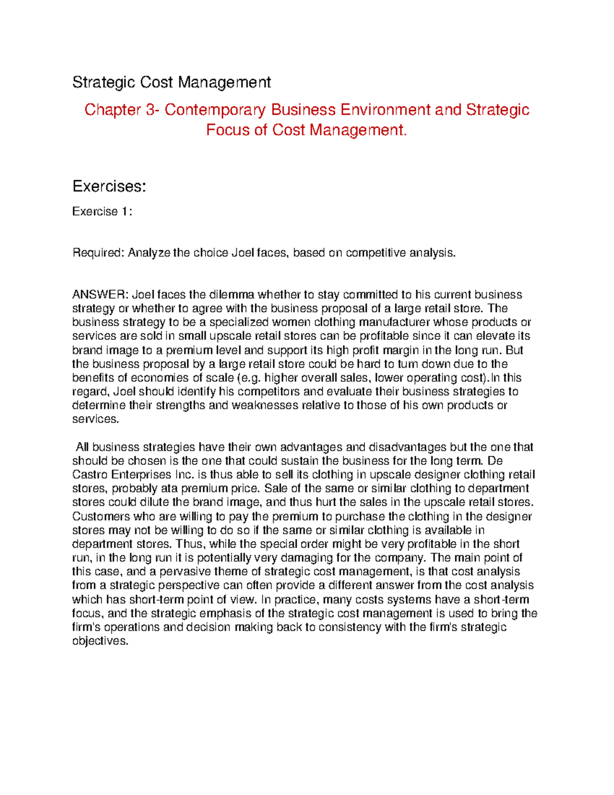 CHAPTER 3 Strategic Cost Management - Exercise Solutions & Analysis ...