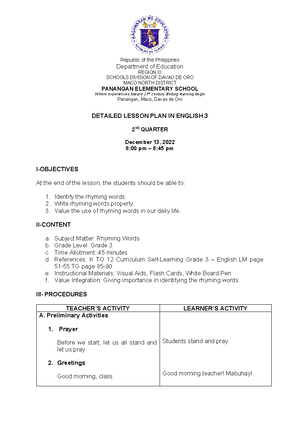 Detailed Lesson plan in English - Objectives: At the end of the lesson ...
