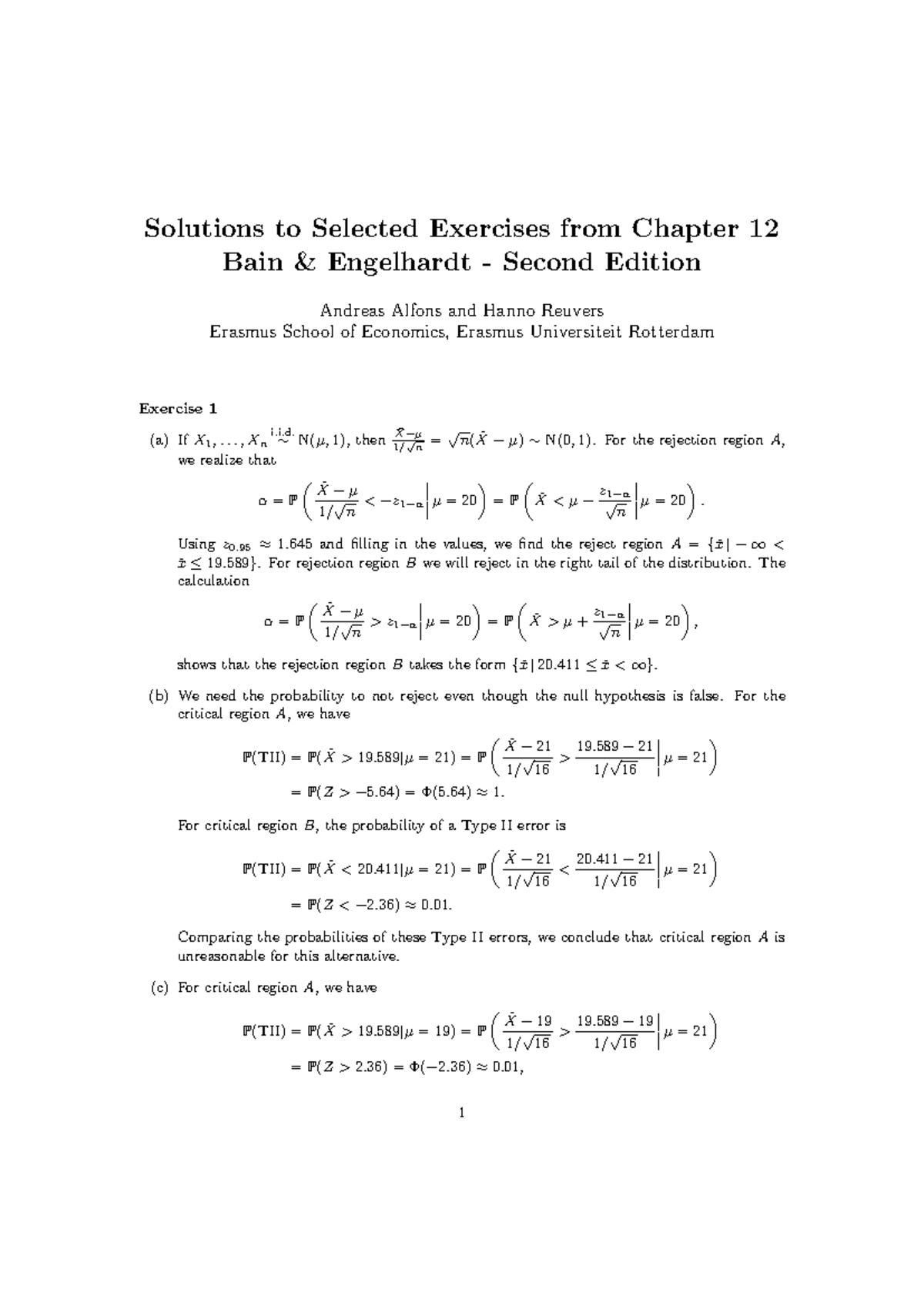 Solutions to Selected Exercises - Chapter 12 (B&E, 2nd Ed.) - Studeersnel