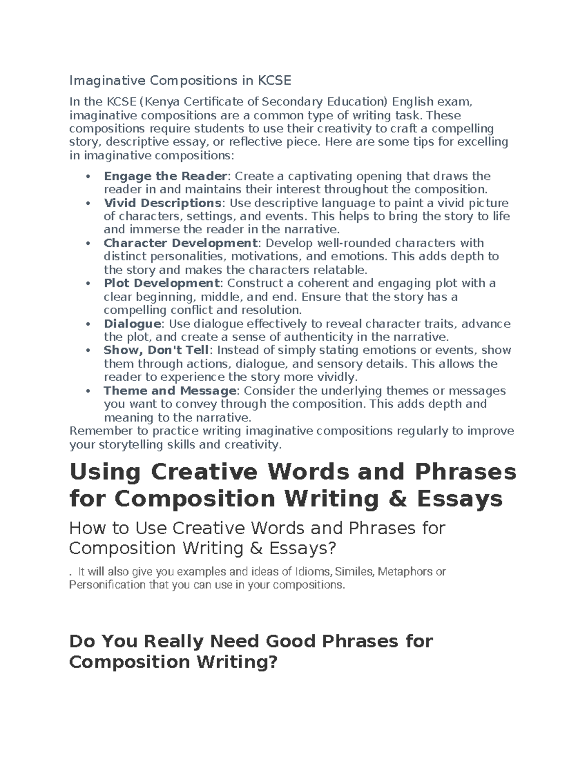 Imaginative Compositions Tips for KCSE English Exam Success - Studocu