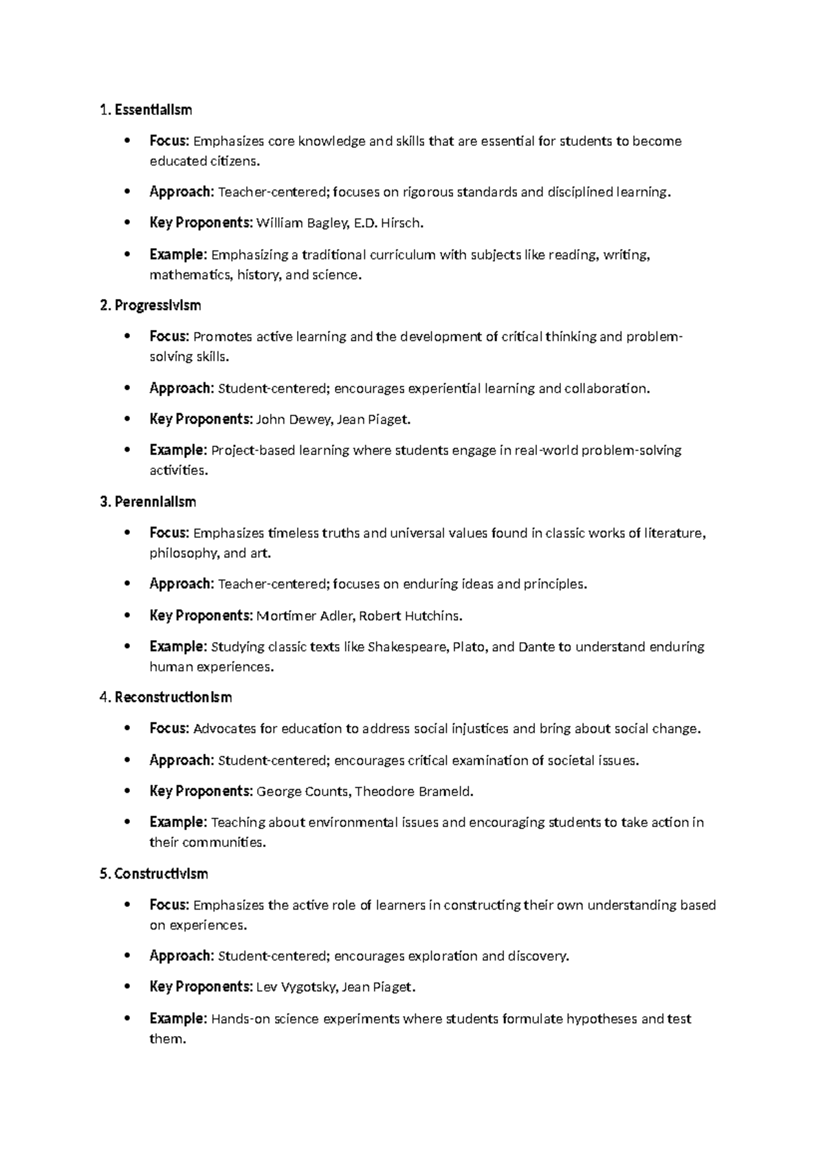 Educational theories - 1. Essentialism Focus: Emphasizes core knowledge ...