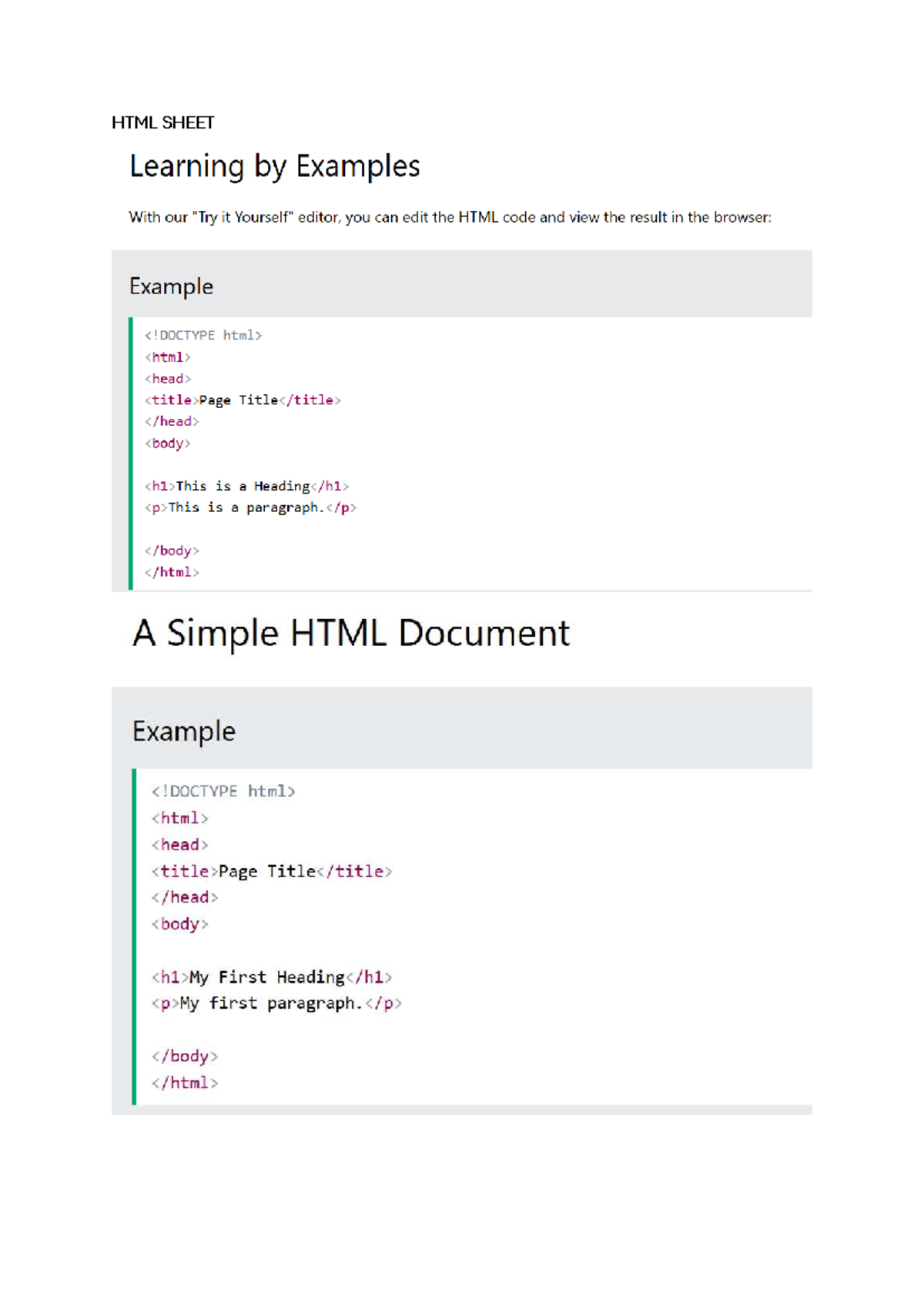 HTML Cheat Sheet: Learning Examples and Code Snippets - Studocu