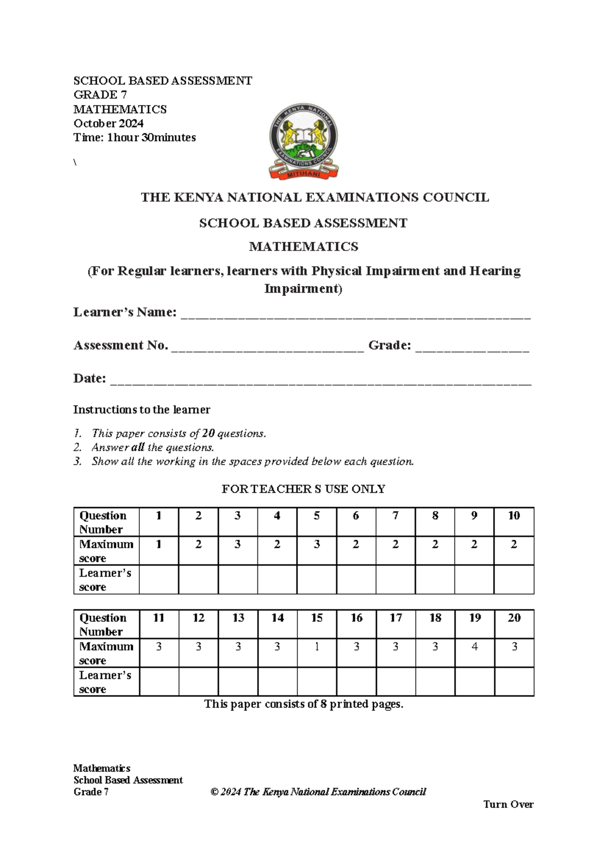 MAT 1 SCHOOL BASED ASSESSMENT GRADE 7 MATHEMATICS 2024 - Studocu