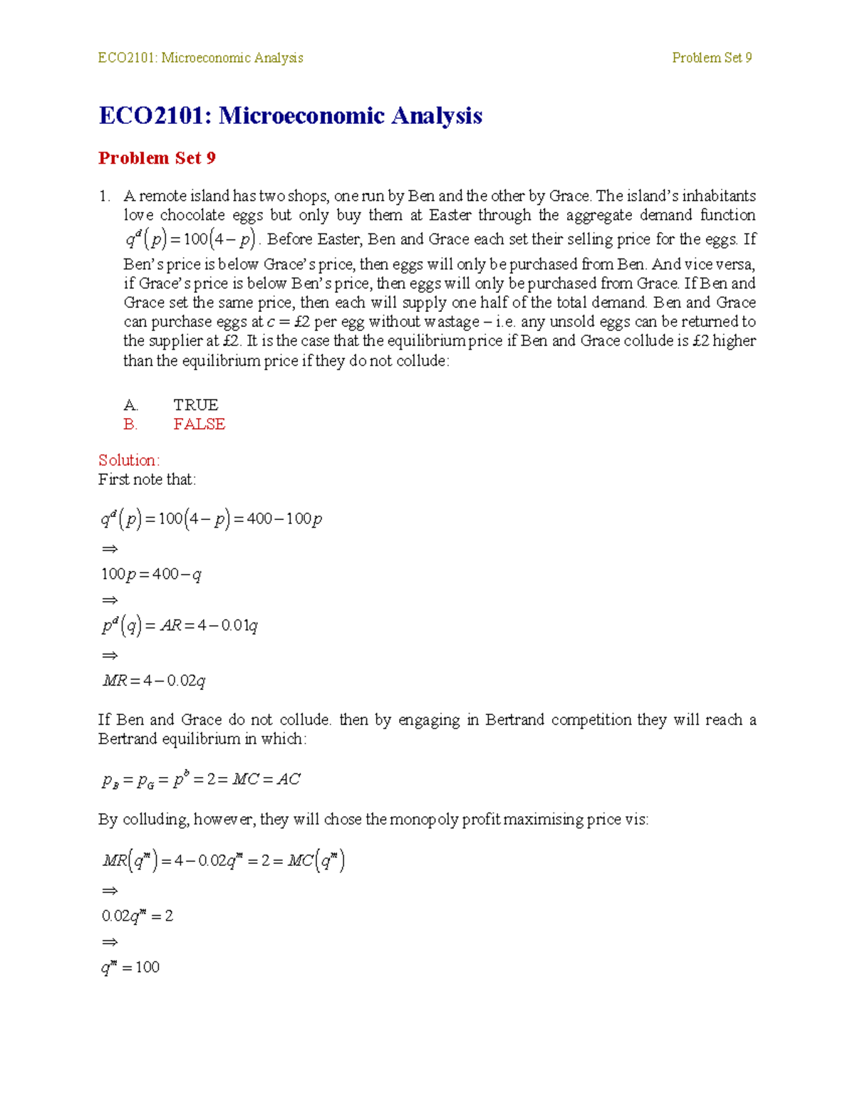 ECO2101: Microeconomic Analysis Problem Set 9 Solutions - Studocu