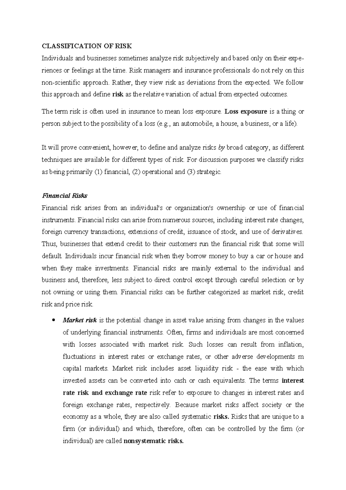 Insurance RISK MGT Notes 3: Classification of Risk Types - Studocu