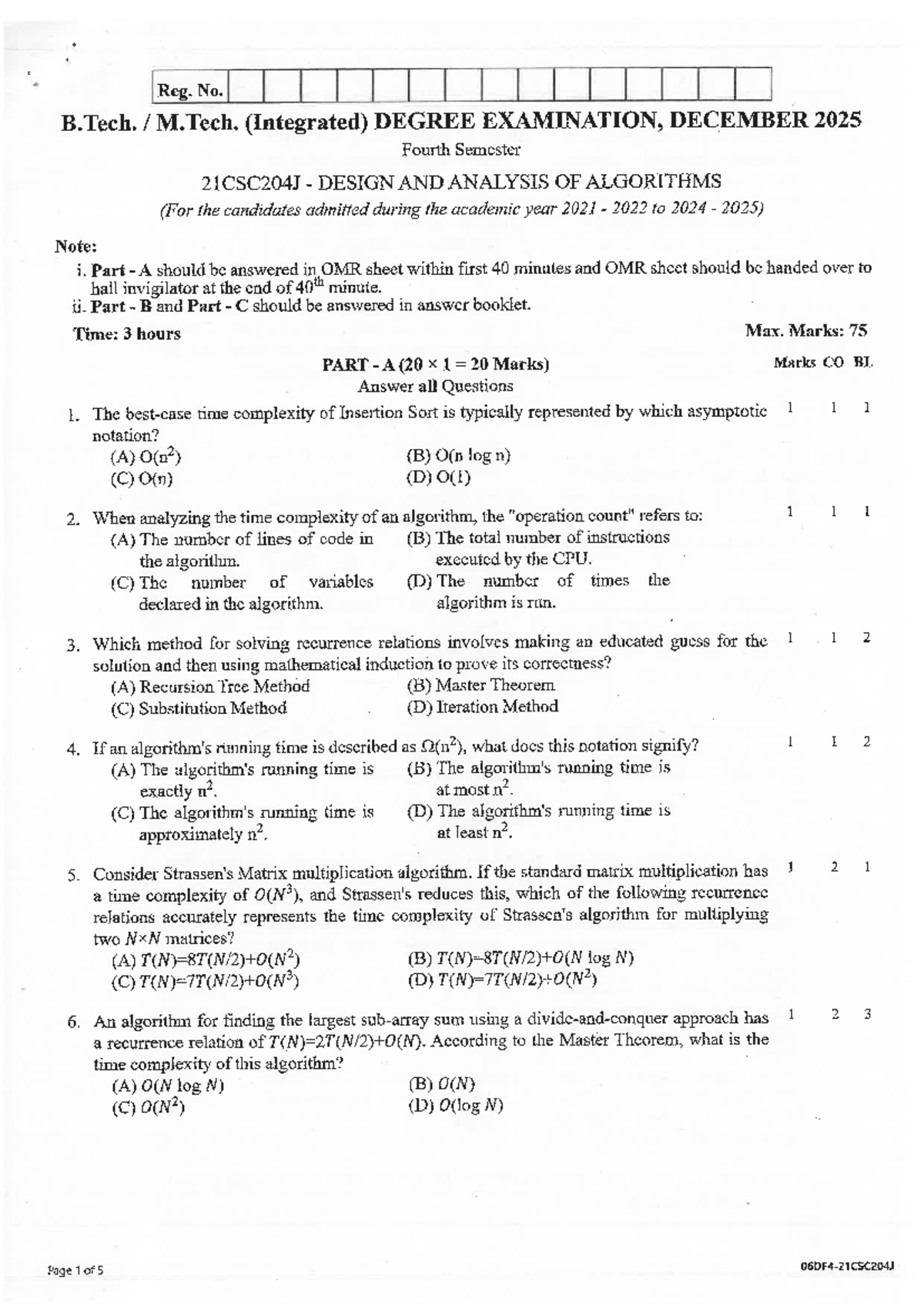 21CSC204J - Design and Analysis of Algorithms Exam Paper (Dec 2025 ...
