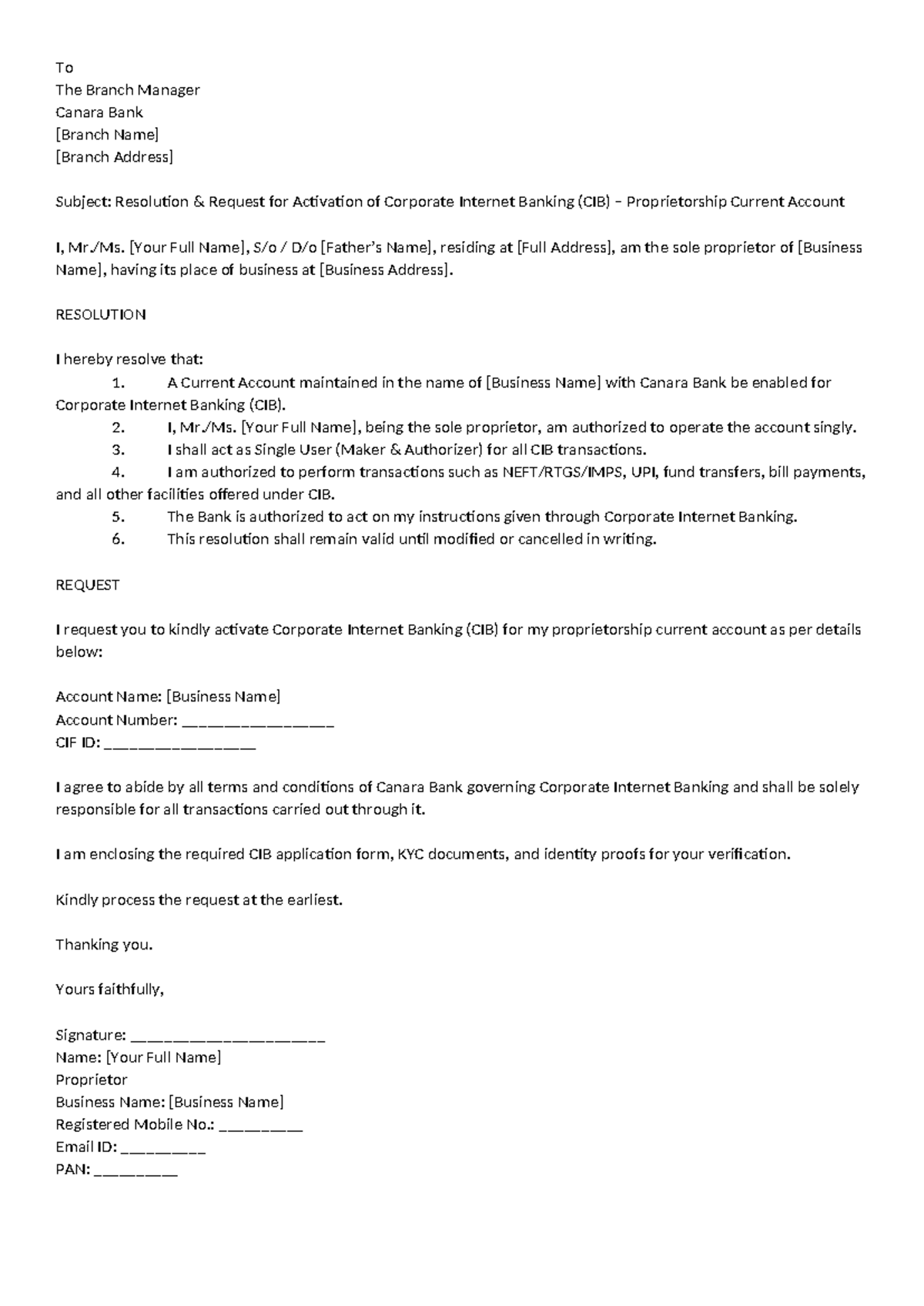 CIB Activation Request for Proprietorship Account - Canara Bank - Studocu