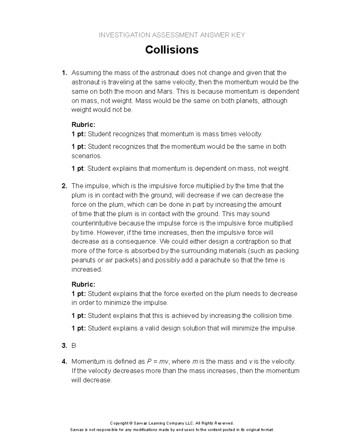 INVESTIGATION ASSESSMENT ANSWER KEY: Collisions Concepts Explained ...