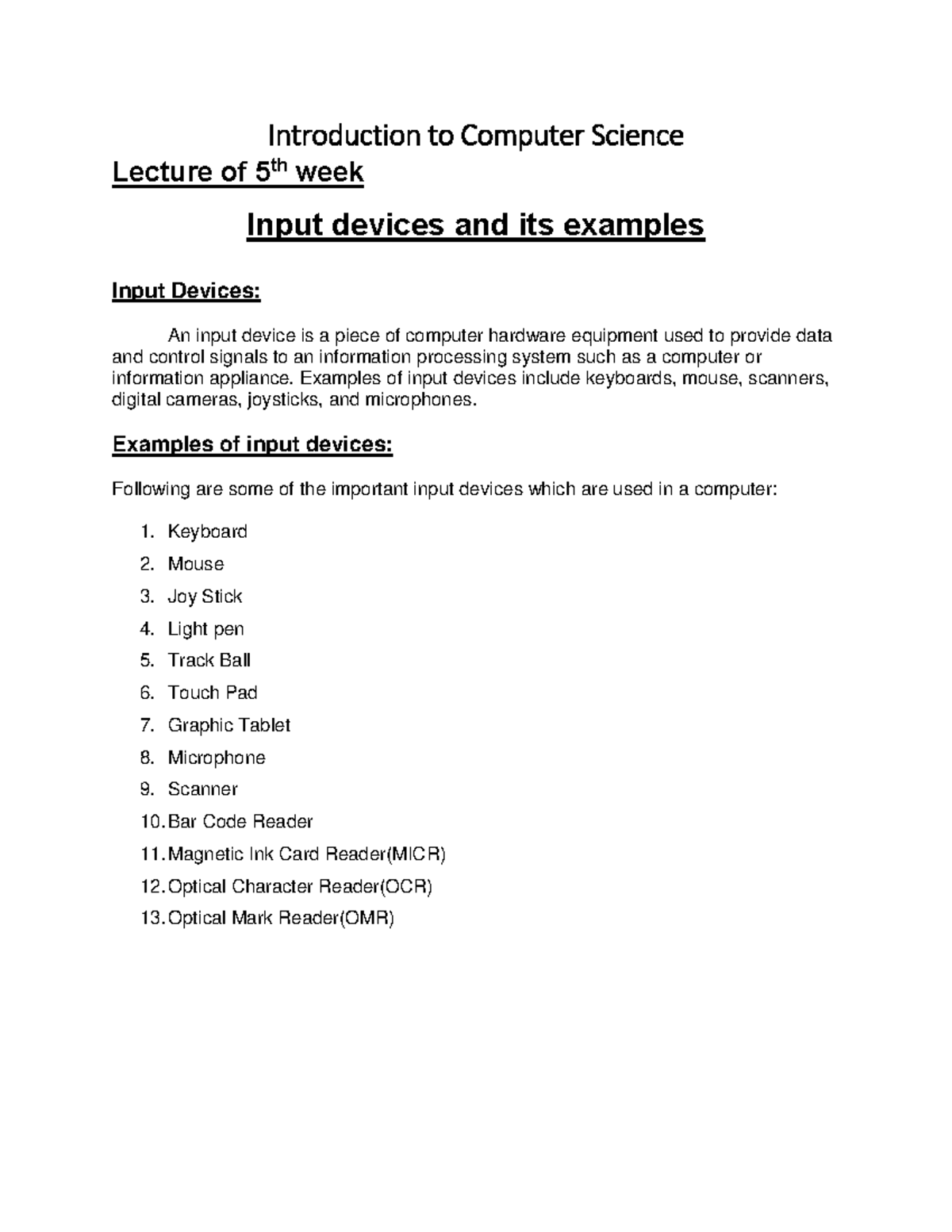 Input Devices in Computer Science: Lecture 5 Overview - Studocu