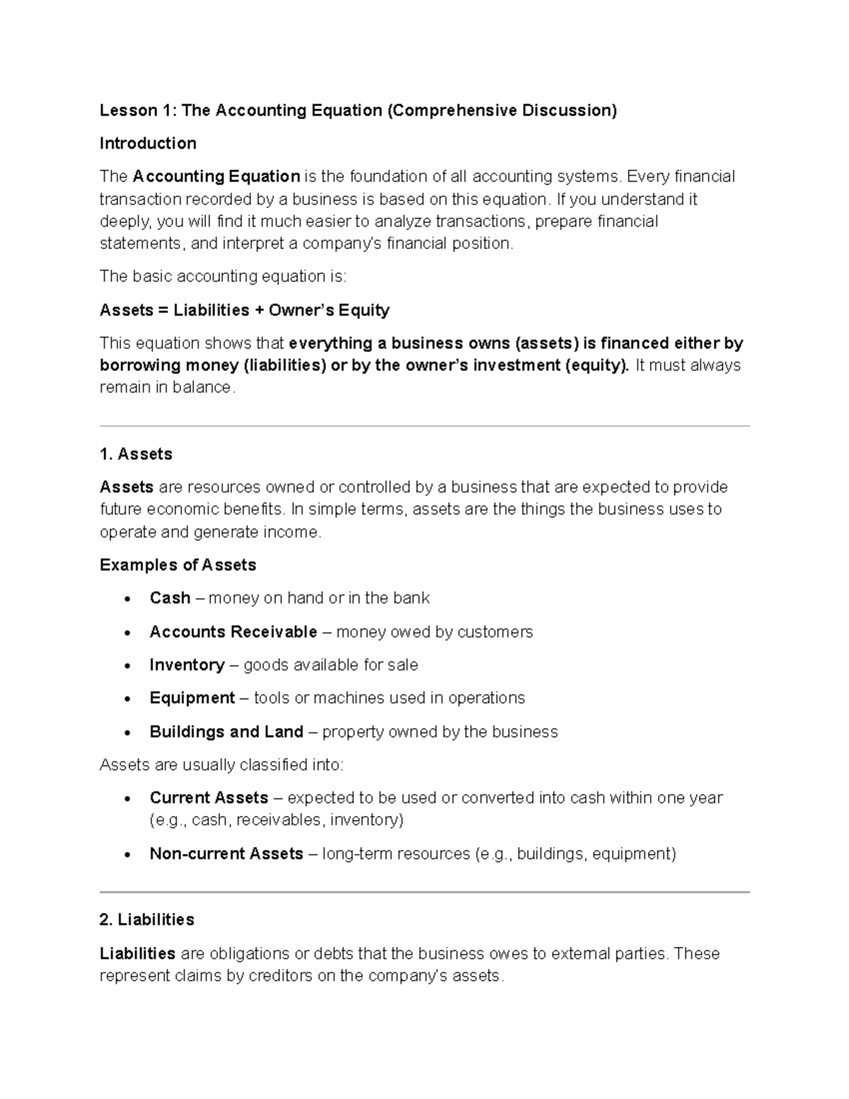 Lesson 1: Understanding the Accounting Equation in Depth - Studocu